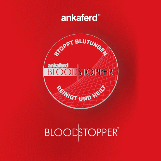 Ankaferd Bloodstopper gibt es jetzt auch im Push & Stop-Format. Das Bild zeigt ein Muster dieses Produktes zur Wundversorgung.